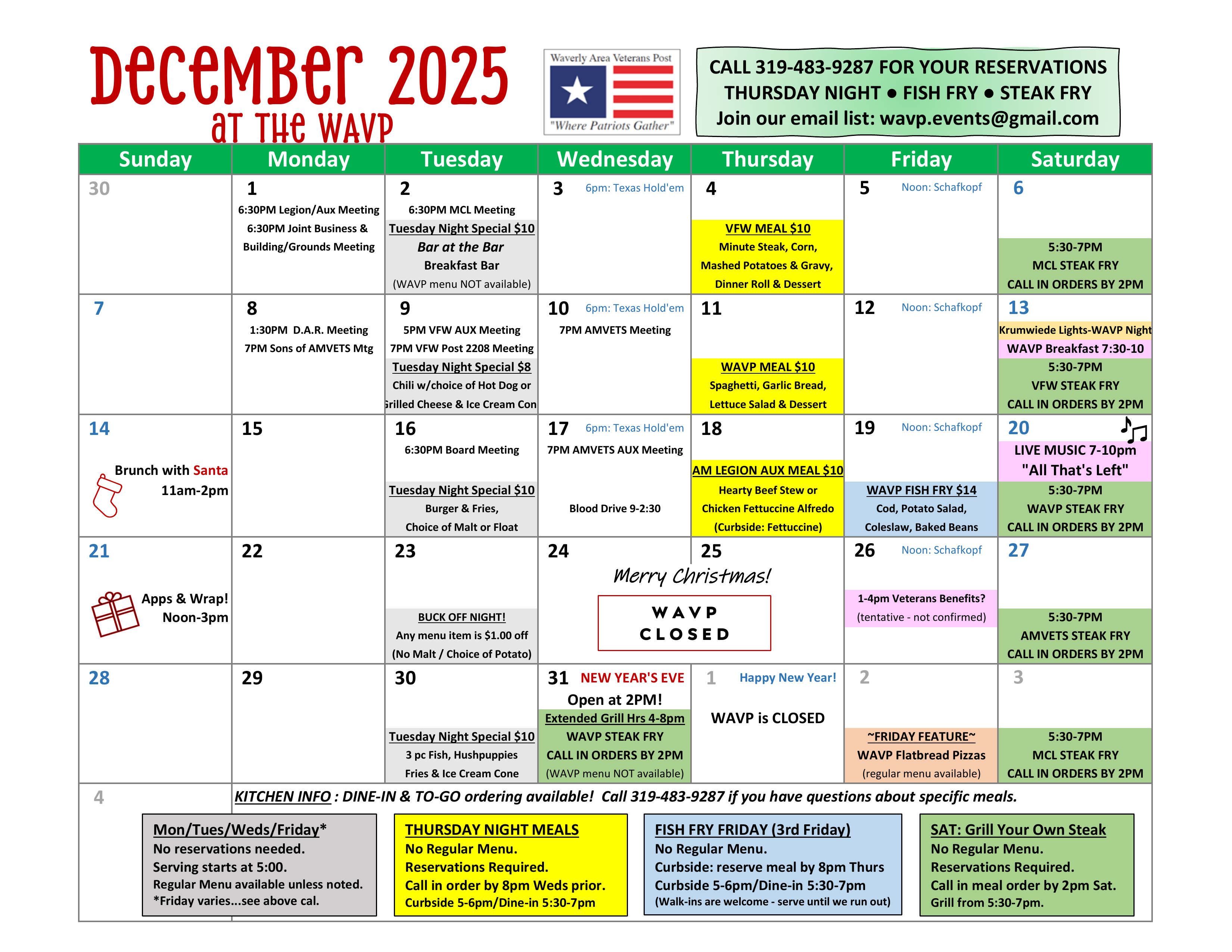 The WAVP Events Calendar for the month of December 2025 - Click for PDF