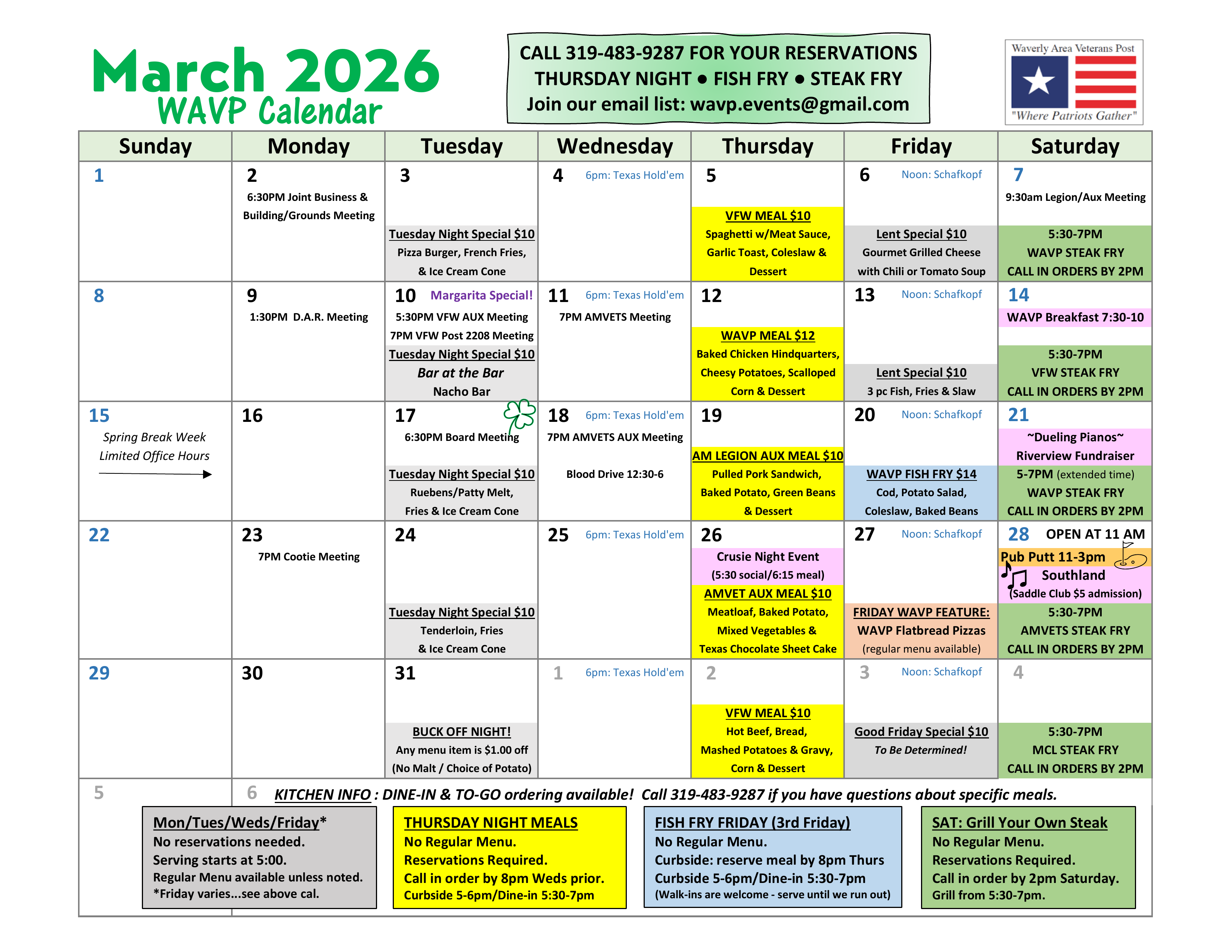The WAVP Events Calendar for the month of March 2026 - Click for PDF