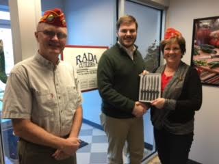 Image from December 21, 2016: Rich Miller, Commandant MCL; Phil Jones, VP RADA; Janell Miller, President MCL Auxiliary